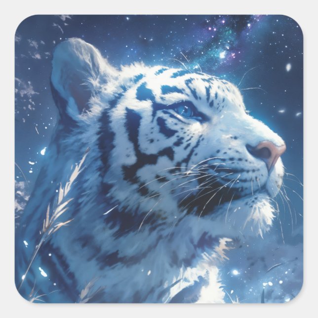 Sticker Carré Profil de Tigre Blanc sous un ciel nocturne étoilé (Devant)