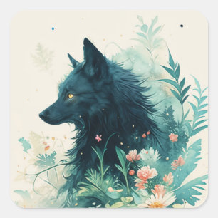 Sticker Carré Profil Loup Noir Aquarelle Floral Art Bleu Turquoi