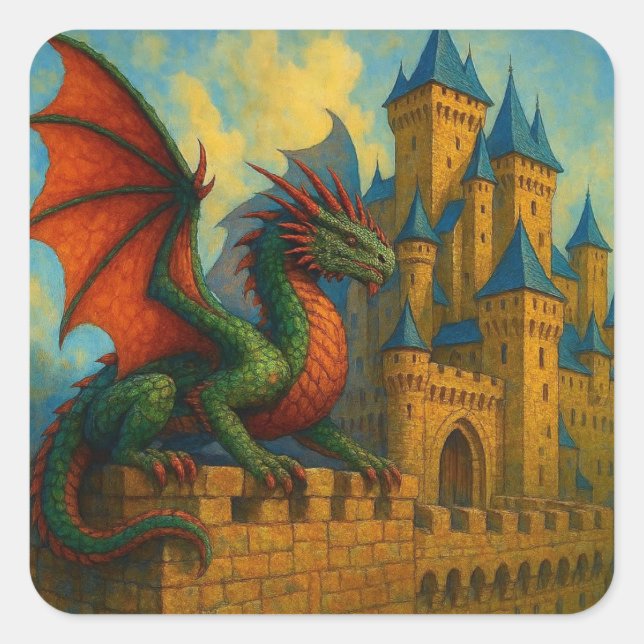 Sticker Carré Protecteur de château de dragon médiéval (Devant)