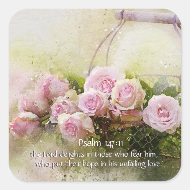 Sticker Carré Psaume 147:11 Inspirant Bible Verse Roses Roses Ro (Devant)
