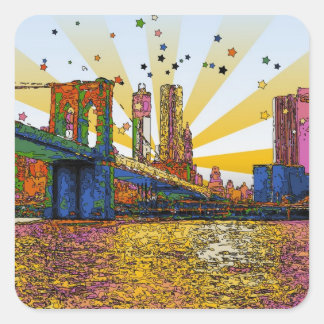 Sticker Carré Psychedelic New York : Brooklyn Bridge, WTC #1