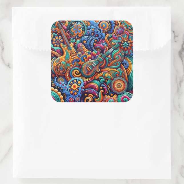 Sticker Carré Psychédélique Batik Guitare Art-Colorful Musique R (Sac)