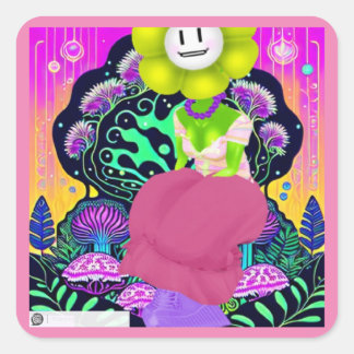 Sticker Carré Psychédélique Fleur Girl Avec Champignons Art Stic
