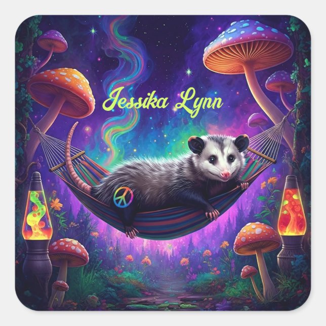 Sticker Carré Psychédélique Trippie Hippie Opossum Personnalisé (Devant)