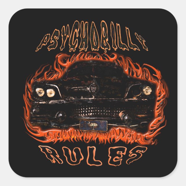 Sticker Carré Psychobilly règne sur les flammes SC (Devant)