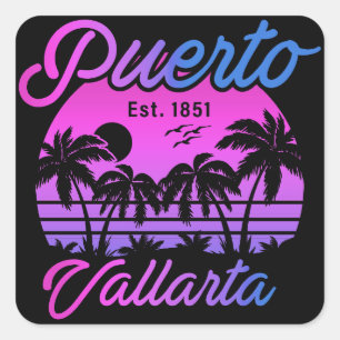 Sticker Carré Puerto Vallarta Retro Sunset 80s Palm Trees
