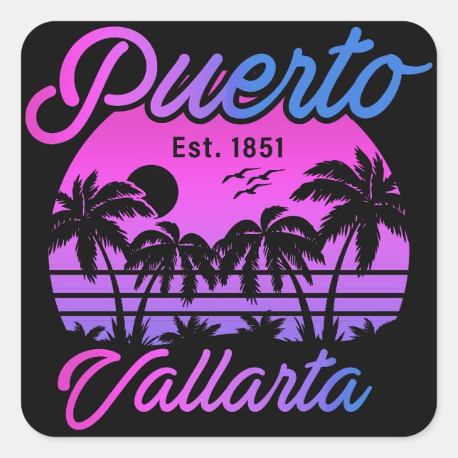 Sticker Carré Puerto Vallarta Retro Sunset 80s Palm Trees (Devant)