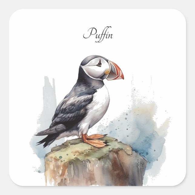 Sticker Carré Puffin sur une aquarelle rocheuse, personnalisé (Devant)