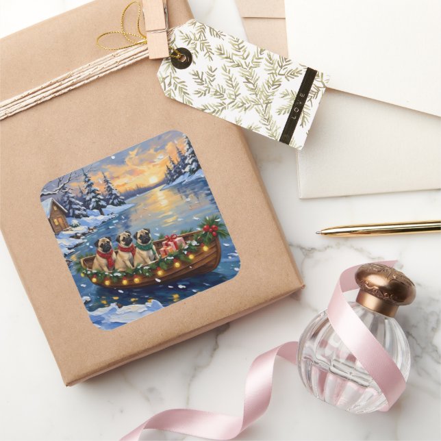 Sticker Carré Pug Christmas Boat Holiday (Cadeaux)