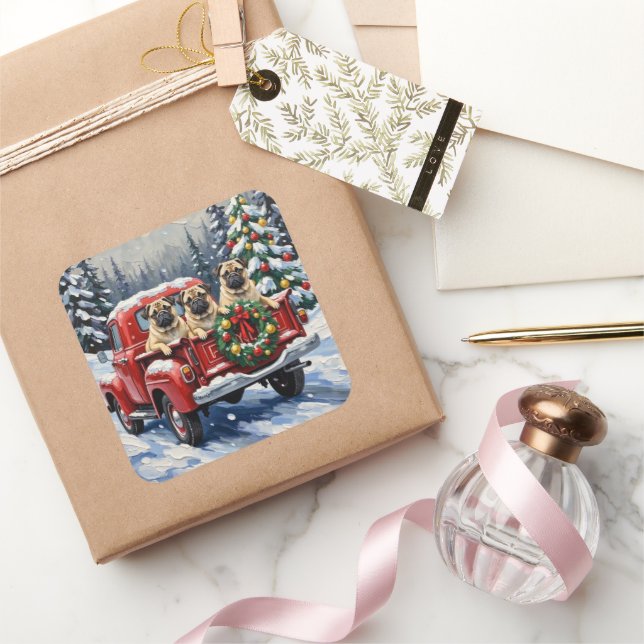 Sticker Carré Pug Christmas Red Truck Holiday (Cadeaux)