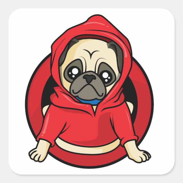 Sticker Carré Pug en capuche rouge (Devant)