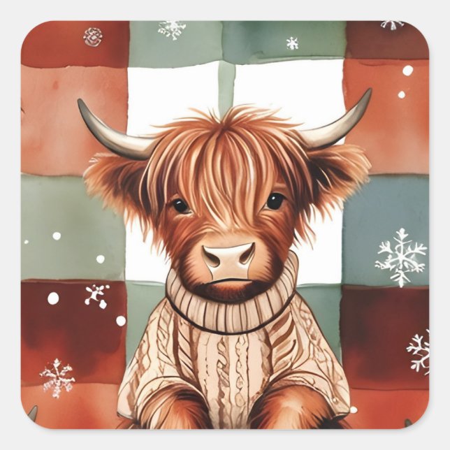 Sticker Carré Pull Highland Cow de Noël Rouge Vert Festif (Devant)