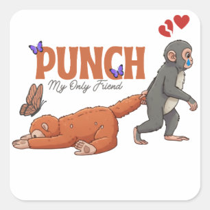 Sticker Carré Punch‑kun & Plush Monkey – Kawaii pour les enfants