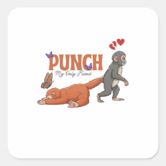 Sticker Carré Punch‑kun & Plush Monkey – Kawaii pour les enfants