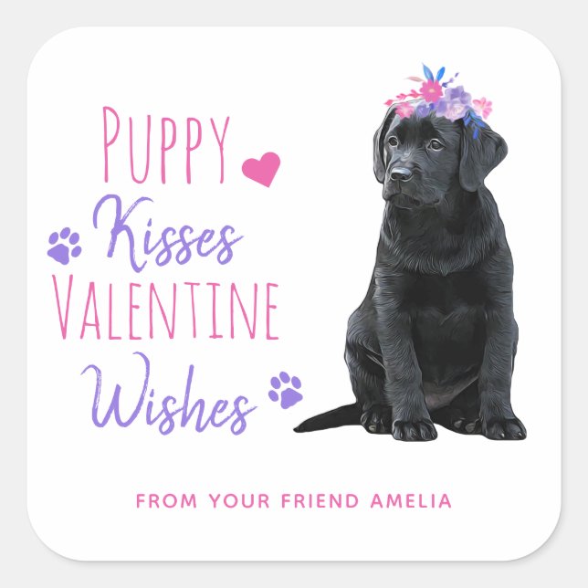 Sticker Carré Puppy Kisses Valentine Wishes Kids Valentines Day (Devant)