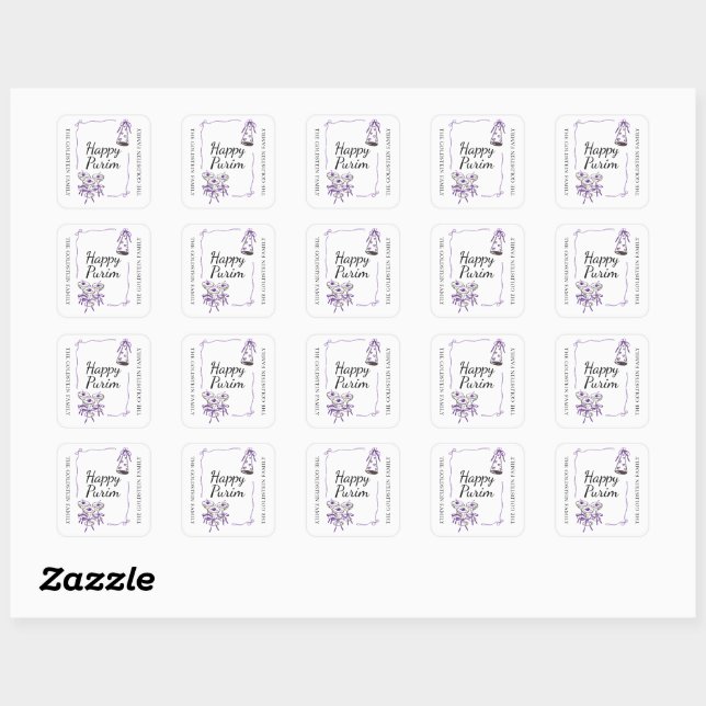 Sticker Carré Purim Purple Bows Part Hat Drinks Mishloach Manot  (Feuille)