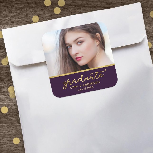 Sticker Carré Purple and Gold Photo Graduate Graduate (Créateur téléchargé)