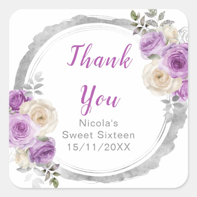 Sticker Carré Purple and Silver Elegant Flowers Sweet Sixteen (Devant)