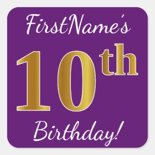 Sticker Carré Purple, Faux Gold 10e anniversaire + Nom personnal