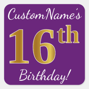 Sticker Carré Purple, Faux Gold 16e anniversaire + Nom personnal