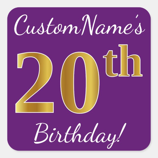 Sticker Carré Purple, Faux Gold 20e anniversaire + Nom personnal (Devant)