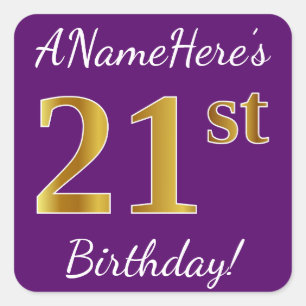 Sticker Carré Purple, Faux Gold 21e anniversaire + Nom personnal