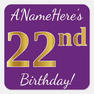 Sticker Carré Purple, Faux Gold 22e anniversaire + Nom personnal