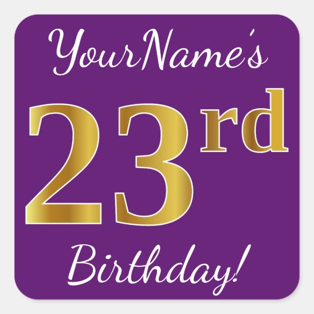 Sticker Carré Purple, Faux Gold 23ème anniversaire + Nom personn (Devant)