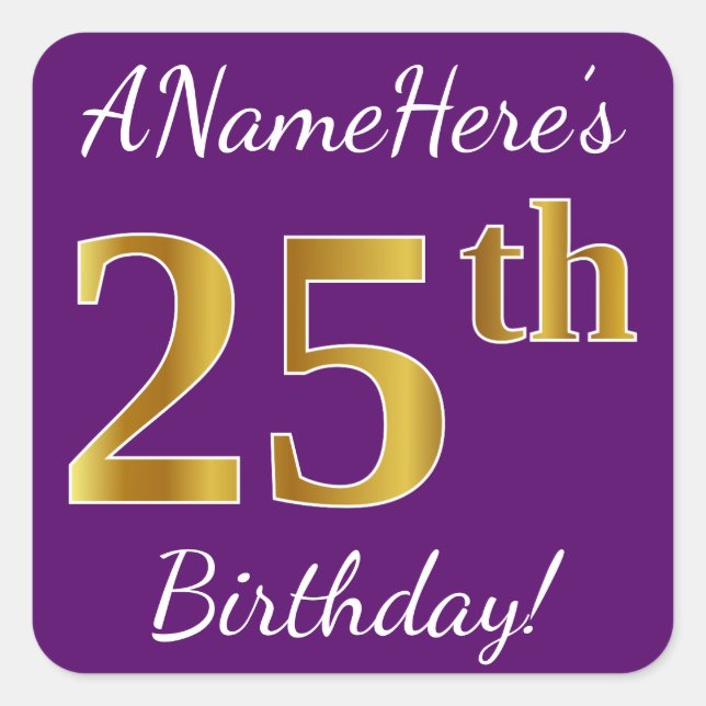 Sticker Carré Purple, Faux Gold 25e anniversaire + Nom personnal (Devant)