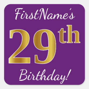 Sticker Carré Purple, Faux Gold 29e anniversaire + Nom personnal