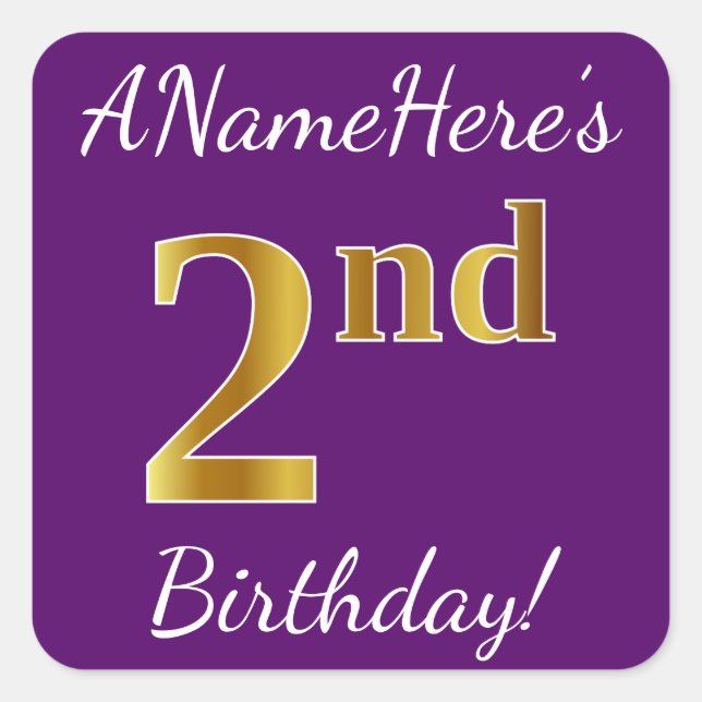 Sticker Carré Purple, Faux Gold 2e anniversaire + Nom personnali (Devant)
