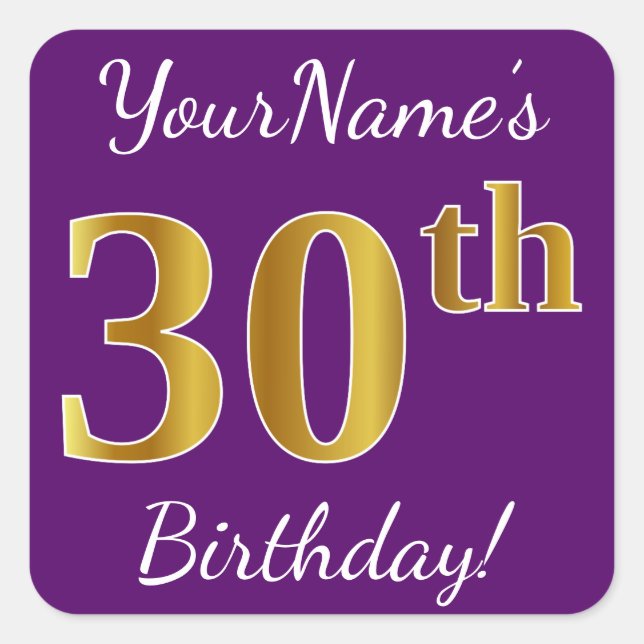 Sticker Carré Purple, Faux Gold 30e anniversaire + Nom personnal (Devant)