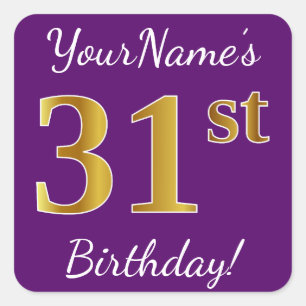 Sticker Carré Purple, Faux Gold 31ème anniversaire + Nom personn
