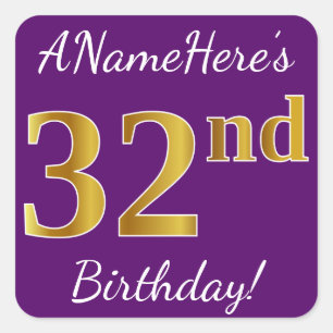 Sticker Carré Purple, Faux Gold 32e anniversaire + Nom personnal