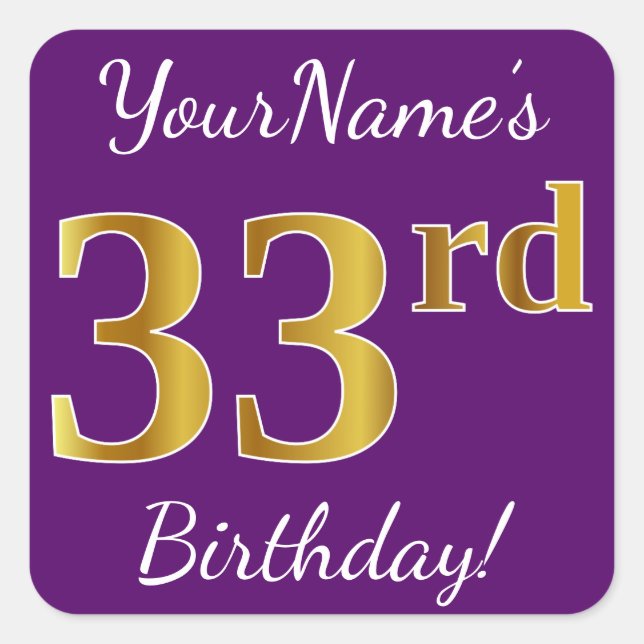 Sticker Carré Purple, Faux Gold 33ème anniversaire + Nom personn (Devant)