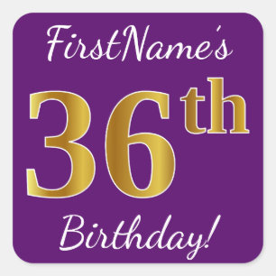 Sticker Carré Purple, Faux Gold 36e anniversaire + Nom personnal