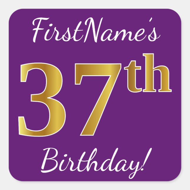 Sticker Carré Purple, Faux Gold 37e anniversaire + Nom personnal (Devant)