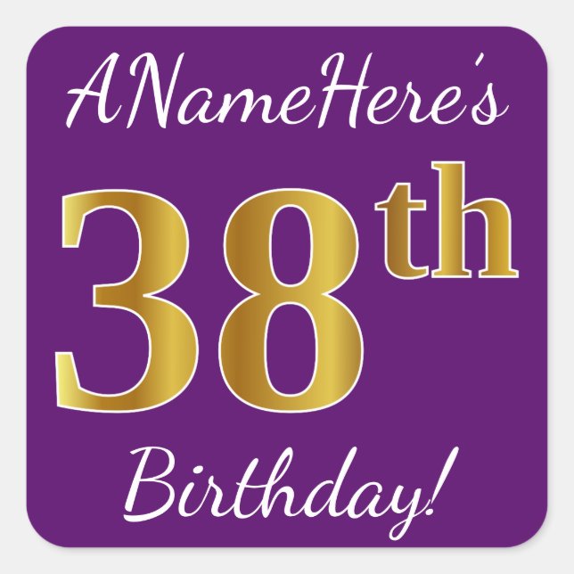 Sticker Carré Purple, Faux Gold 38e anniversaire + Nom personnal (Devant)