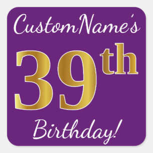 Sticker Carré Purple, Faux Gold 39e anniversaire + Nom personnal