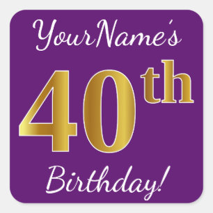 Sticker Carré Purple, Faux Gold 40e anniversaire + Nom personnal