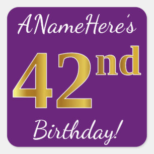 Sticker Carré Purple, Faux Gold 42e anniversaire + Nom personnal