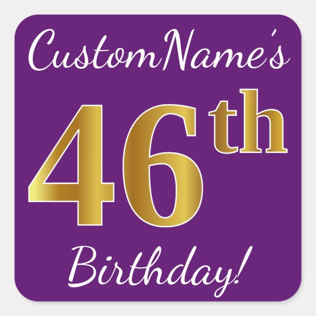 Sticker Carré Purple, Faux Gold 46e anniversaire + Nom personnal (Devant)