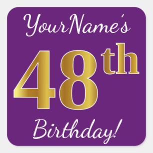 Sticker Carré Purple, Faux Gold 48e anniversaire + Nom personnal