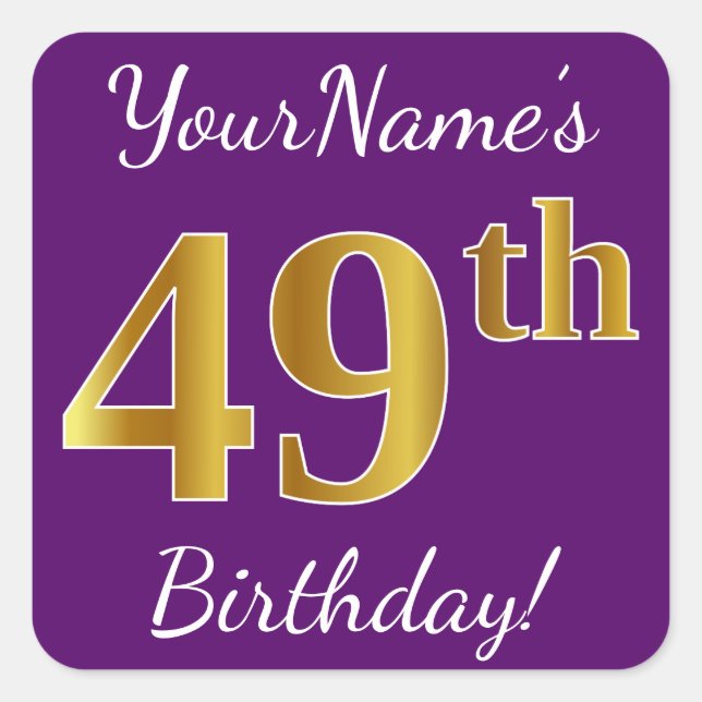 Sticker Carré Purple, Faux Gold 49e anniversaire + Nom personnal (Devant)