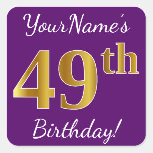 Sticker Carré Purple, Faux Gold 49e anniversaire + Nom personnal