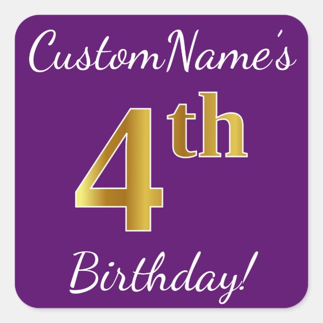 Sticker Carré Purple, Faux Gold 4e anniversaire + Nom personnali (Devant)