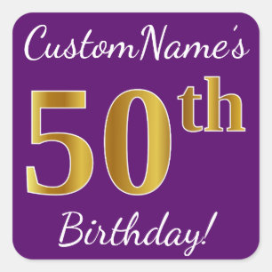 Sticker Carré Purple, Faux Gold 50e anniversaire + Nom personnal