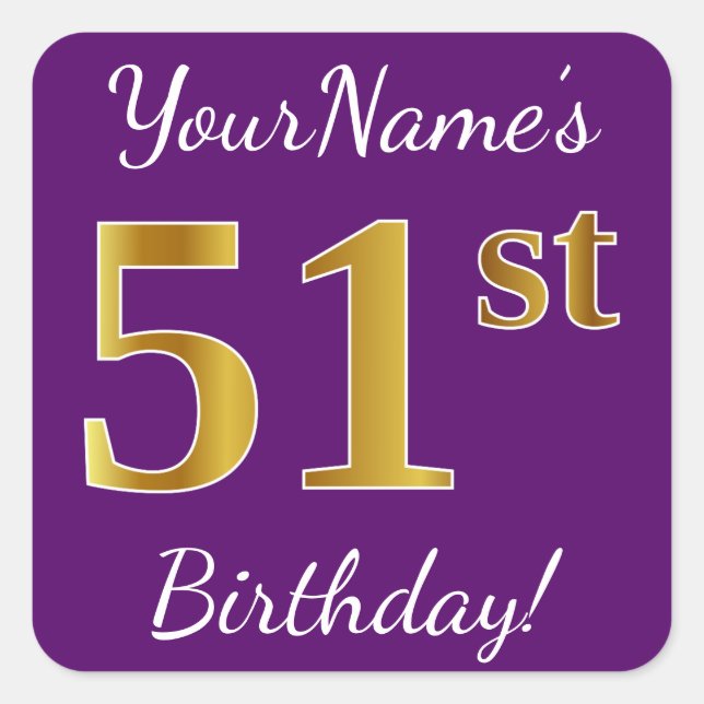 Sticker Carré Purple, Faux Gold 51e anniversaire + Nom personnal (Devant)