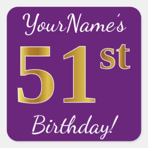 Sticker Carré Purple, Faux Gold 51e anniversaire + Nom personnal