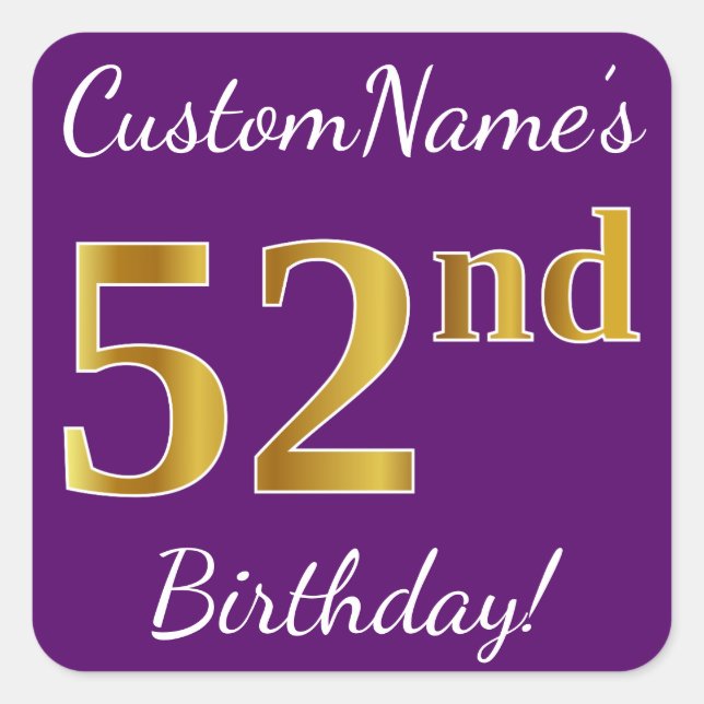 Sticker Carré Purple, Faux Gold 52e anniversaire + Nom personnal (Devant)